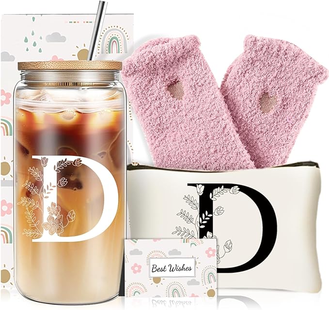 Unique Initial Glass Cup with Lids and Straws, Monogrammed Gifts Box Included Makeup Bag, Christmas Birthday Gifts for Women Mom Sister Grandma, D