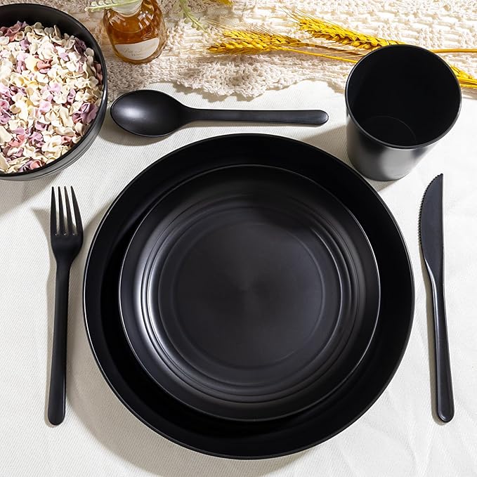 LIYH 24 Pcs Wheat Straw Dinnerware Sets Unbreakable Dinner Plates and Bowls Set Black Plastic Dinnerware Set Include 12Pcs Wheat Straw Plates 6Pcs Bowls 6Pcs Cups Dish Set for Kitchen&Camping