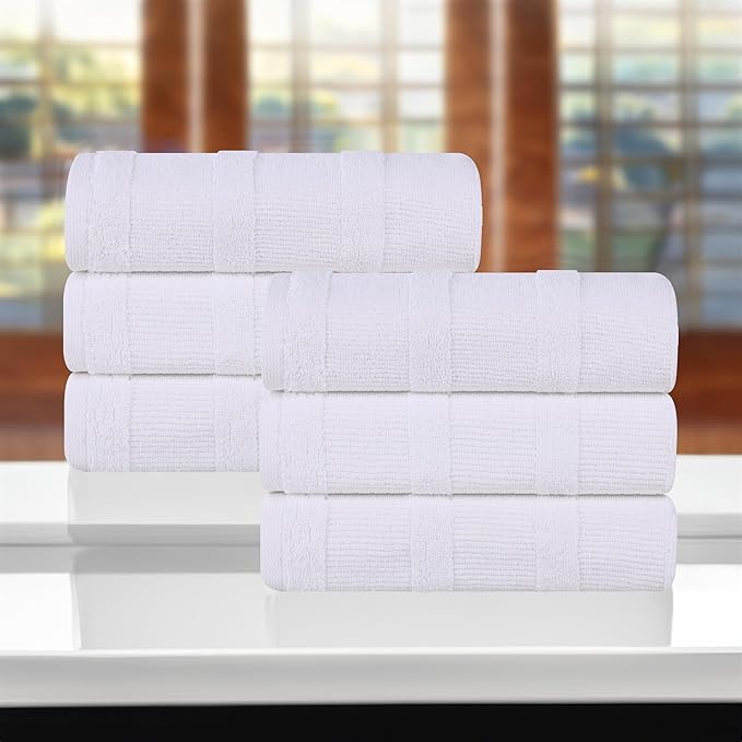 Superior Roma Cotton Hand Towels, Set of 6, Highly Absorbent, Ribbed Design, Quick-Dry, Shower, Spa, Kitchen Basics, Bathroom Essentials, Medium Weight Towels, Solid, 6 Pack, White