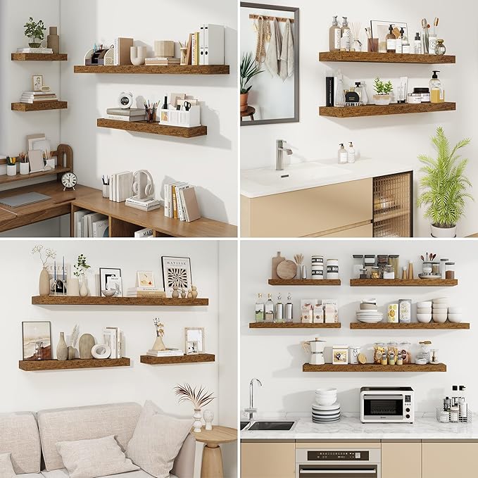 fuqing Floating Shelves for Wall, Wall Mounted Wood Floating Shelf with Invisible Brackets for Living Room, Bathroom, Bedroom, Kitchen Storage and Decor, 24 Inch Set of 2, Rustic Brown