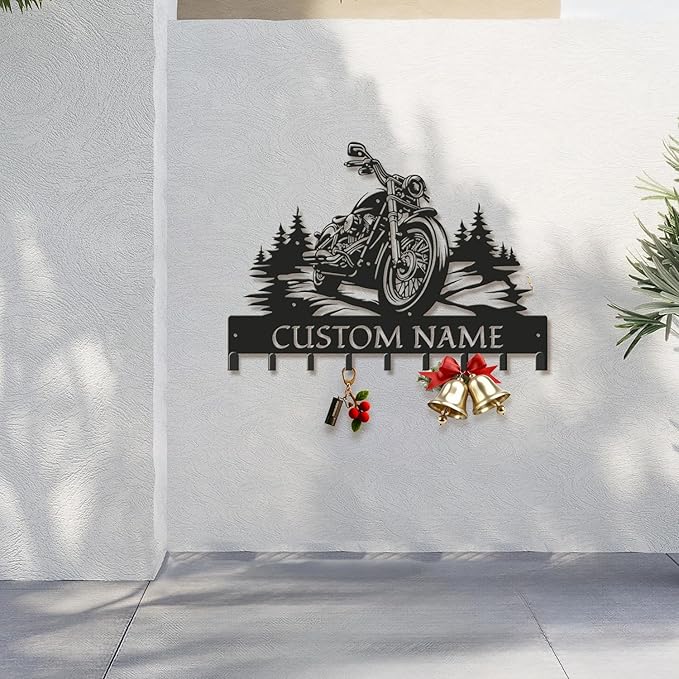 Personalized Motorcycle Metal Key Holder, Custom Last Name Metal Wall Sign, Hanging Storage Rack for Garage and Home Decor (Style-2)