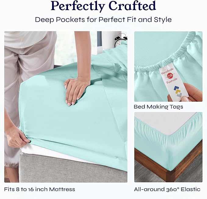 California Design Den Natural 100% Cotton Sheets, Soft Queen Sheet Set, 400 Thread Count Sateen, Deep Pockets with All-Around Elastic for a Snug Fit, Cool & Durable Bedding Set - Seafoam