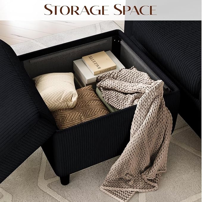 Sectional Couches for Living Room, L Shaped Couch with Storage Ottoman, Small Sofa Corduroy Couch with Side Pockets, Modern 3 Seater Convertible Sofa for Apartment, Office, Black