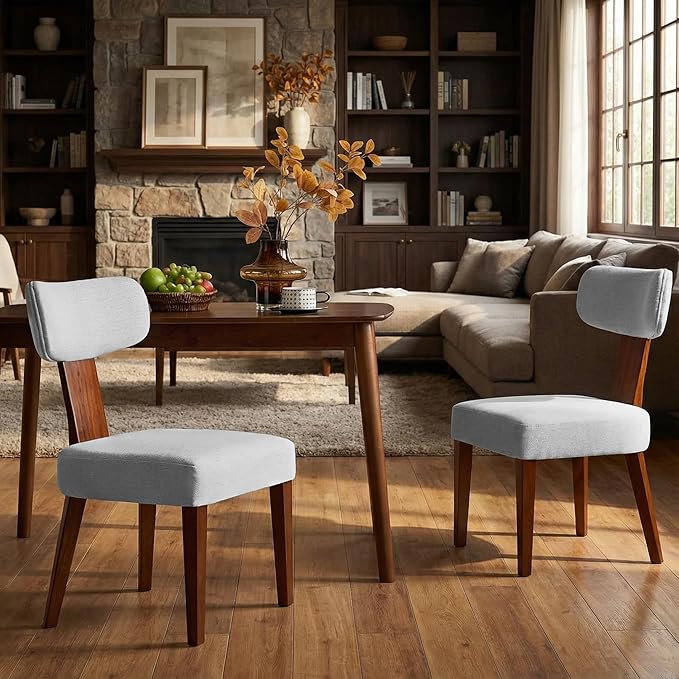 Dining Chairs Set of 2, Mid-Century Modern Upholstered Kitchen Chairs with Curved Backrest and Linen Fabric Seat, Wood Leg Accent Chairs for Dining Room, Living Room, Bedroom, Grey