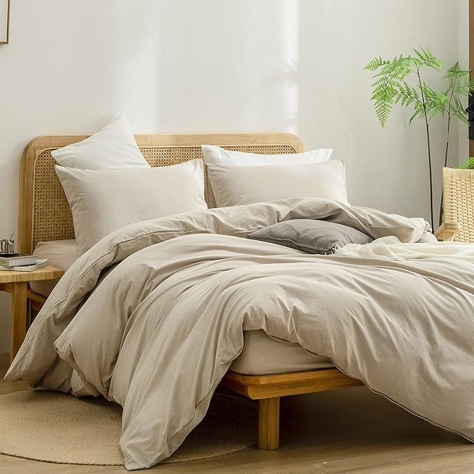 BESTOUCH Duvet Cover Set 100% Washed Cotton Linen Feel Super Soft Comfortable Chic Lightweight 3 PCs Home Bedding Set Solid Almond Milk Grey Super King