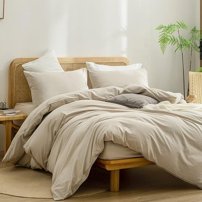 BESTOUCH Duvet Cover Set 100% Washed Cotton Linen Feel Super Soft Comfortable Chic Lightweight 3 PCs Home Bedding Set Solid Almond Milk Grey Oversized King