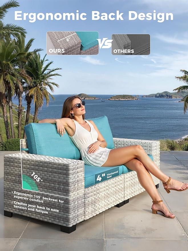 10 Piece Outdoor Wicker Rattan Sectional Sofa Set with Swivel Chairs & Fire Pit Table, 7-Seats with 4" Thickened Cushions & Coffee Table, All-Weather PE Rattan for Garden, Backyard, Porch, Navy