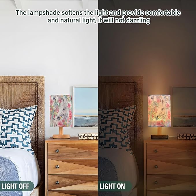 Bedside Lamp White Horse Pink Flower Table Lamp with USB Port Wood Base for Living, 5.12x9.7in/13x24.7cm, 214B3018