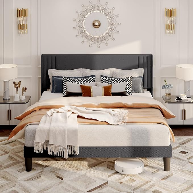 Gizoon Full Bed Frame with Wingback Headboard, Upholstered Platform Bed with Modern Geometric Headboard, Wooden Slats, Noise-Free, No Box Spring Needed