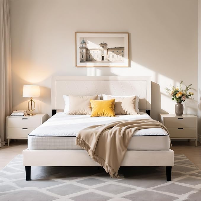 Hokway Bed Frame Upholstered Platform Bed with Headboard Wooden Slat Support No Box Spring Needed(Full, Soft Beige)