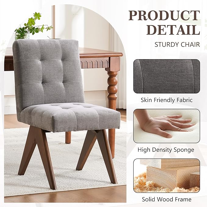 Rowill Modern Upholstered Dining Chairs Parsons Chair Linen Fabric Kitchen Chairs Tufted Armless Dining Room Chairs with Wood Legs Set of 6, Light Grey