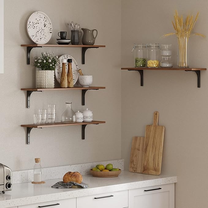 DINZI LVJ Long Wall Shelves, 23.6 Inch Wall Mounted Shelves Set of 2, Easy-to-Install, Wall Storage Ledges with Sturdy Metal Brackets for Living Room, Bathroom, Bedroom, Kitchen, Rustic Brown