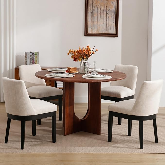 Modern Dining Chairs Set of 4 Comfortable Dining Room Chairs with Back, Linen Fabric Upholstered Kitchen Side Chairs with Black Wood Legs for Living Room, Beige