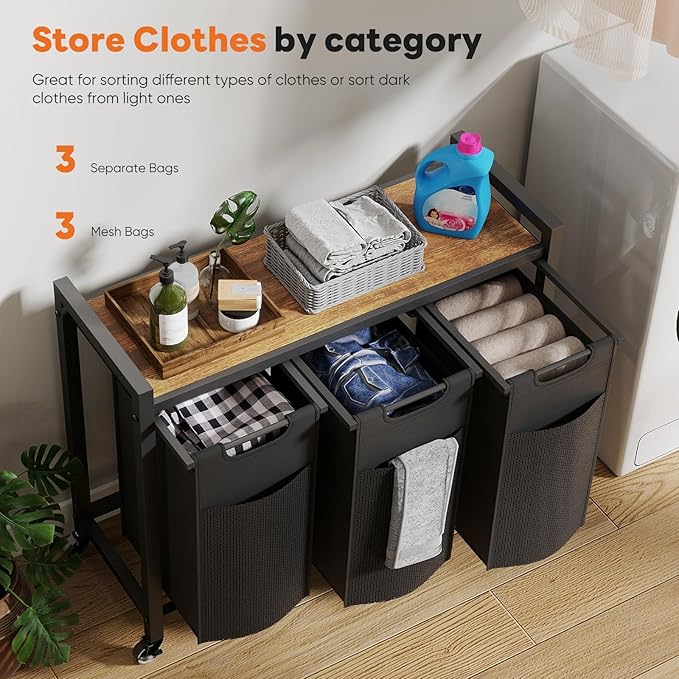 Sweetcrispy Laundry Hamper with 3 Pull-Out Removable Sorter Bags, Movable Wheels, Freestanding Clothes Basket Organizer in Bathroom, 3 × 10.6 Gal (120L) Capacity, Rustic Brown and Black