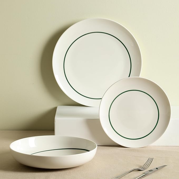 Stone Lain Luna 12-Piece Porcelain Dinnerware Set, Plates and Bowls Set, Dish Set for 4, Green