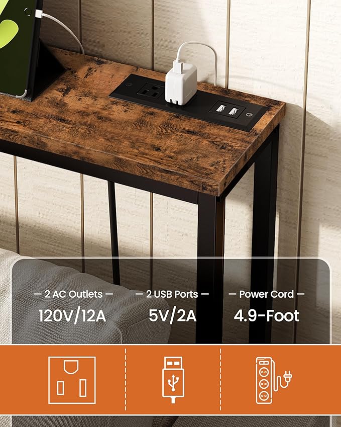 70.9" Narrow Console Table with Power Outlet 7.1" Skinny Sofa Table, Long Behind Couch with Charging Station for Hallway, Living Room Rustic Brown and Black TXG18UBF