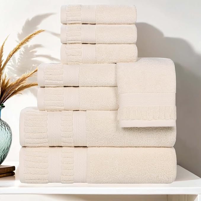 Superior Venice Zero Twist Cotton Medium Weight Towels, for Guest Bath, Bathroom, Shower, Spa, Plush Towels, Bath Essentials, Ribbed Textured Border, 8 Piece Assorted Towel Set, Ivory