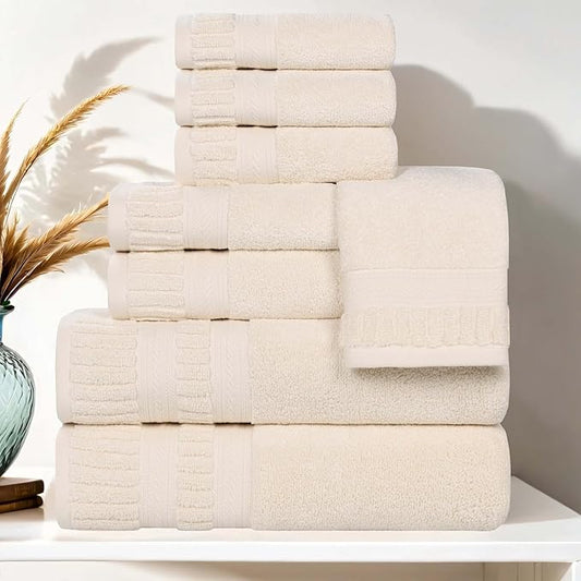 Superior Venice Zero Twist Cotton Medium Weight Towels, for Guest Bath, Bathroom, Shower, Spa, Plush Towels, Bath Essentials, Ribbed Textured Border, 8 Piece Assorted Towel Set, Ivory