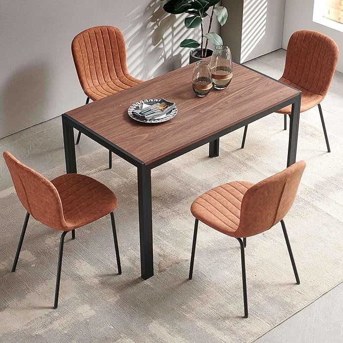 Vintage Dining Table Set for 4, 47" Solid MDF Table Faux Wood Industrial Style Kitchen Table Set with 4 Brown Leather Dining Chairs for Breakfast Nook, Dinette
