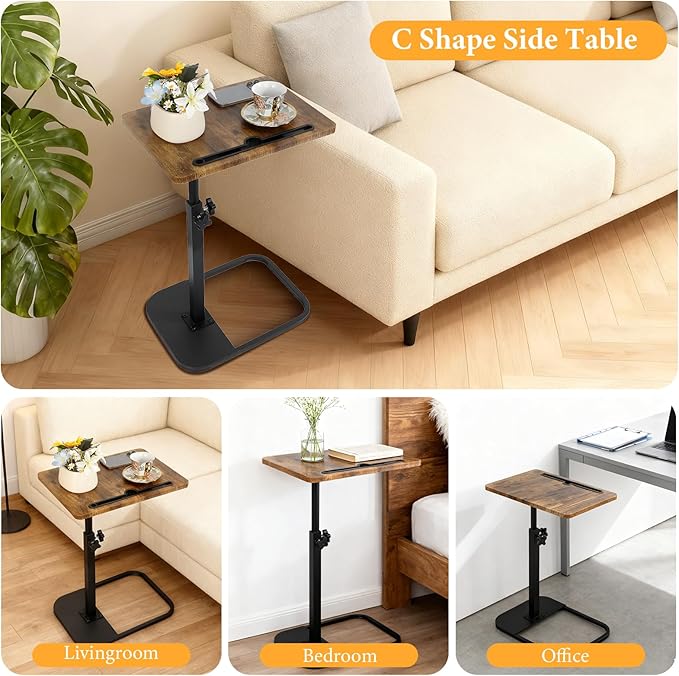 jessie Tv Tray Table, Adjustable Tray Table for Couch 360° Swivel C Shaped End Table with Phone Tablet Slot for Living Room, Sofa, Bedside, Bathroom