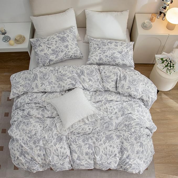 Queen Comforter Set Floral 3 Pieces Soft Bedding Comforter Set Garden Style Vintage Floral Botanical Flower Comforter Set for All Seasons 1 Comforter and 2 Pillowcases (Flower, Queen)
