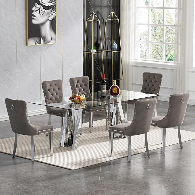 Goujxcy Modern 7 Piece Glass Dining Table Set Luxury Glass Kitchen Table and Chair Set for 6, 70" Large Rectangular Dining Room Table with 6 Tufted Chairs and Stainless Steel Legs (Silver & Grey)