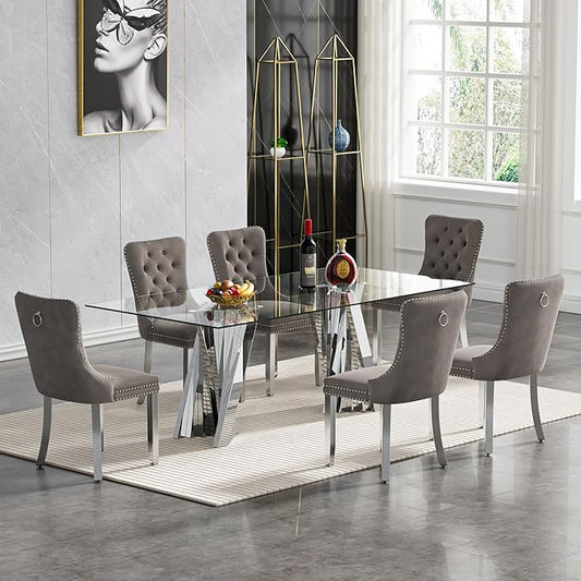 Goujxcy Modern 7 Piece Glass Dining Table Set Luxury Glass Kitchen Table and Chair Set for 6, 70" Large Rectangular Dining Room Table with 6 Tufted Chairs and Stainless Steel Legs (Silver & Grey)