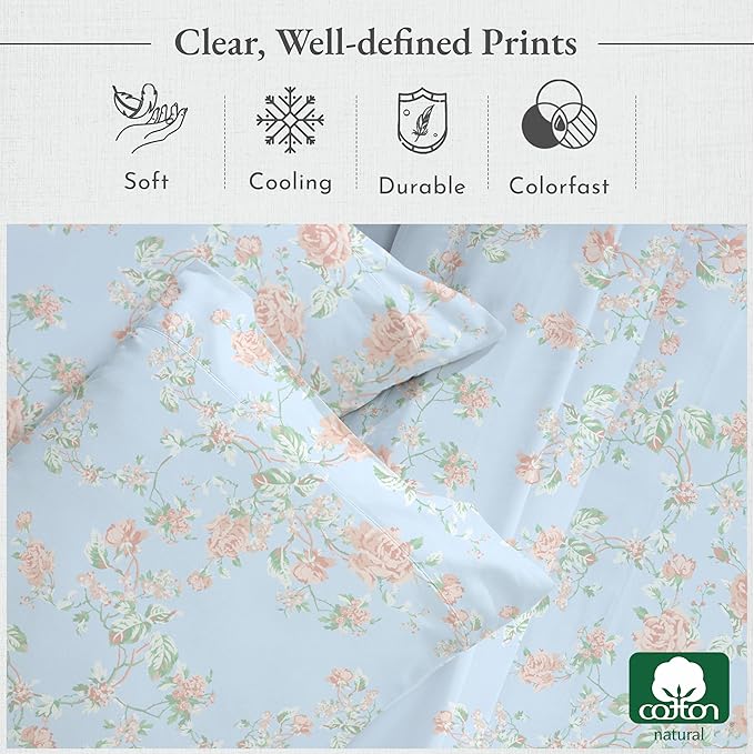 California Design Den Floral Deep Pocket Twin Sheets Set - 400 Thread Count Sateen, Natural 100% Cotton Sheets, Cooling and Durable Bedding Set - Antique Rose