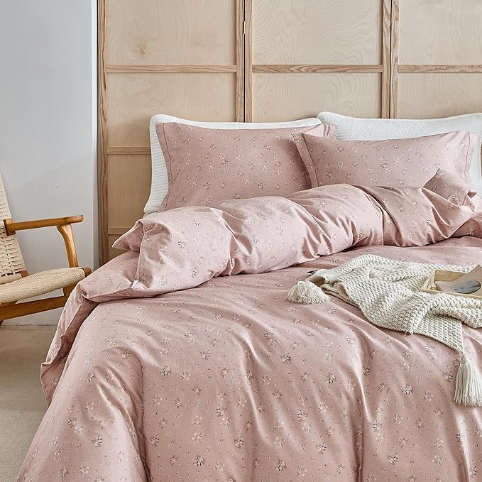 EAVD Garden Pink Floral Comforter Set Full Pink Soft Microfiber Chic Shabby Cute Floral Bedding Set 1 Full Comforter and 2 Pillowcases Fresh Reversible Botanical Comforter Set for All-Season