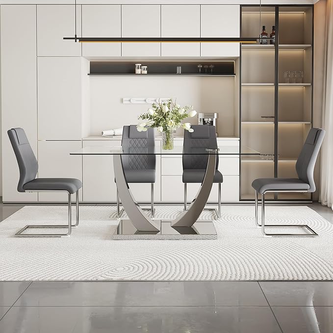 AZmac 63” Glass Dining Room Table Set for 4, Modern Kitchen Table and Chairs Set of 4, Dining Sets with Rectangular Tempered Glass and Sturdy Silver Chrome Base, for Kitchen Home