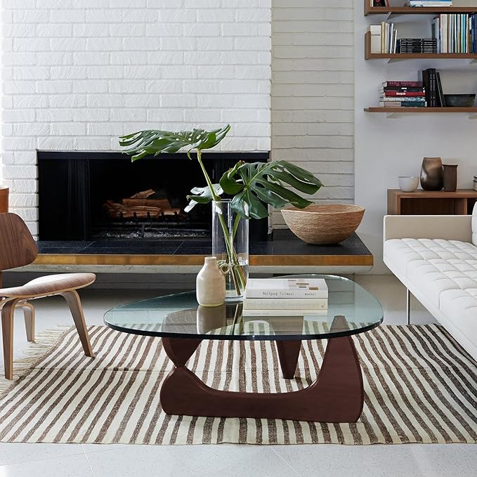 Mid Century Coffee Table Triangle Glass Coffee Table with Solid Wood Base and Thick Clear Glass Top Modern End Table for Living Room, Patio, Office, Dark Walnut