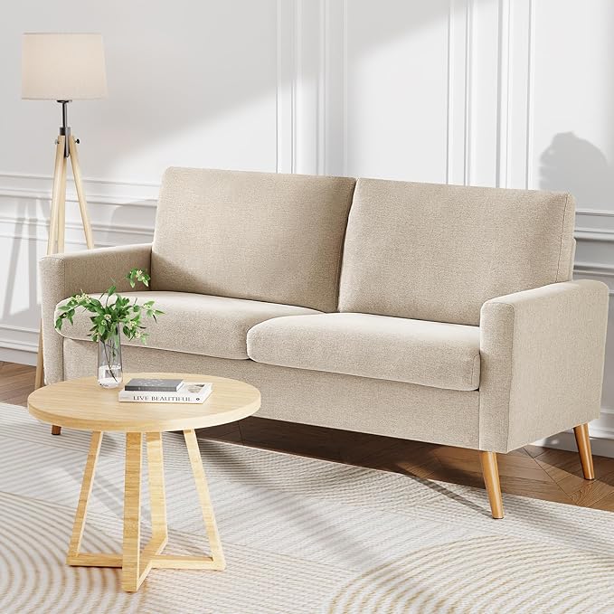 WEUP 68" Loveseat Sofa Oatmeal Linen Couch, Mid Century Modern Love Seat Couches for Living Room, Small Loveseat for Bedroom Office, Comfy Sofa with Spring Cushion, Solid Wood, Tool-Free Assembly