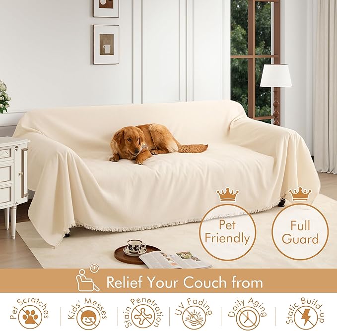 Couch Cover for 3 Cushion Couch Sofa Pet Friendly, Chenille Sectional L Shaped Sofa Cover Washable for Dogs Cats Kids, Leather Furniture Protector Slipcover Decor for Living Room, 71"x134"