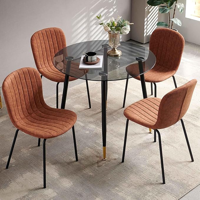 5-Pcs Round Dining Table Set for 4, 35.43" Round Kitchen Table Transparent with 4 Upholstered Home Chairs Space Saving Dining Chairs for Dining Room/Kitchen