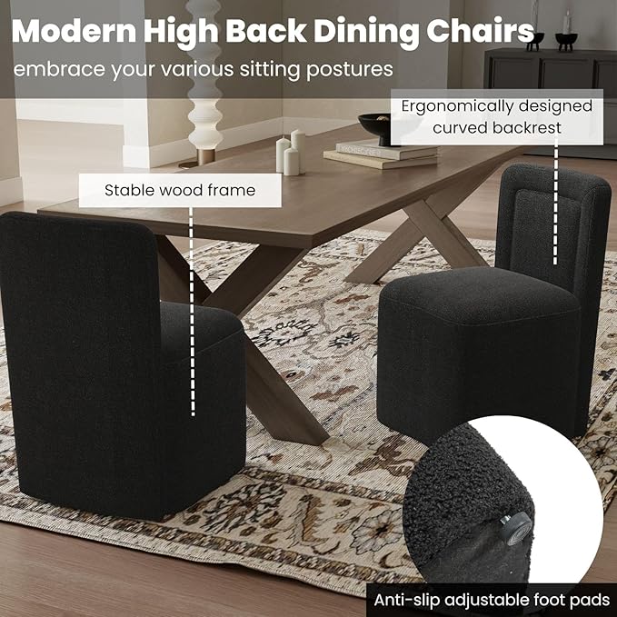 Black Upholstered Dining Chairs Set of 4, Armless Modern Sherpa Dining Chairs with High Back, Kitchen Chair for Dining Room/Restaurant/Living Room