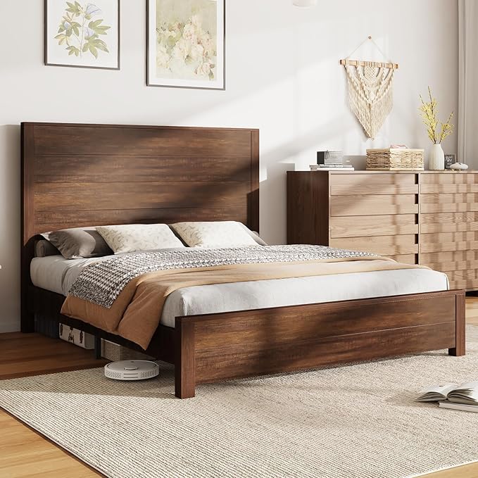 AMERLIFE 51.2" Full Size Wood Bed Frame, Rustic Platform Bed with Spliced Headboard, Wood Slats Support/No Box Spring Needed/Noiseless/Reclaimed Barnwood