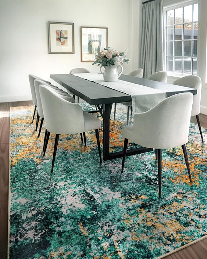 Washable Area Rug for Living Room: 6x9 Modern Abstract Neutral Soft Rug for Bedroom Dining Room No Slip Low Pile Carpet for Nursery Home Office - Teal/Orange