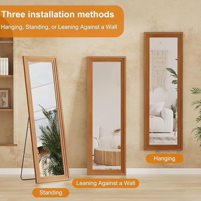 Full Length Mirror,58x16 Inch Full Length Mirror Wall Mounted,Vertical Hanging,Leaning Standing for Bedroom,Living Room,Rectangular Wooden Frame,Walnut Color.