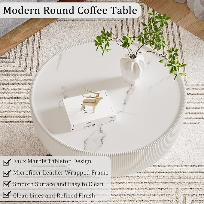 Round Coffee Table Set with Sintered Stone Tabletop, 27.56" White Drum Center Table and 19.69" Grey Coffee Table Set, 2 Pieces Living Room Table Set with Fluted PU Leather Cover& Metal Base