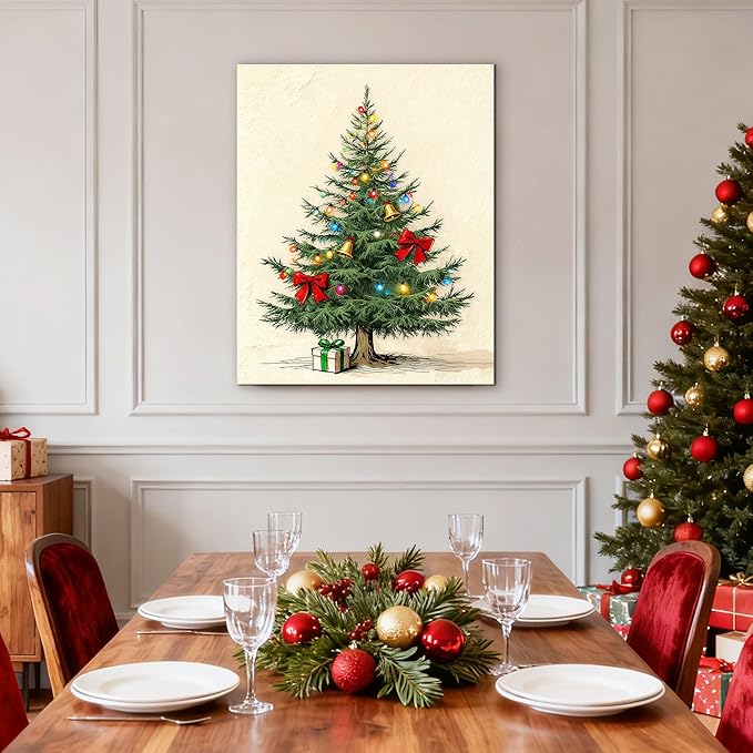 Framed Christmas Pictures Wall Decor,Vintage Pine Tree Prints,Winter Christmas Canvas Wall Art Decoration for Bedroom Bathroom Living Room Rustic Xmas Holiday Gifts (Christmas Tree 9, 12'' X 16'')