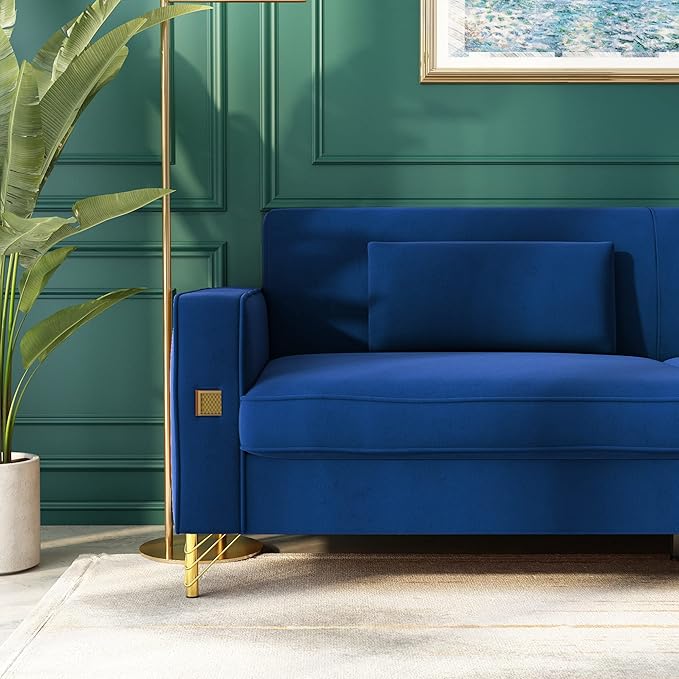2PCS 85.63" Blue Velvet Sofa,Modern Loveseat Couch with Pillows Set of 2 for Living Room,Bedroom,Apartment Furniture with Gold Metal Legs