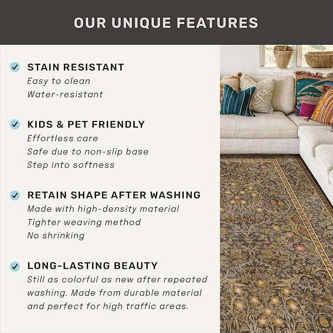 3x10 Long Runner Rugs for Hallway Non Slip, Geometric Floral Design Washable 10ft Oriental Rug for Entryway, Kitchen, Vintage Indoor Décor, Brown Low Pile Stain Resistant Carpet