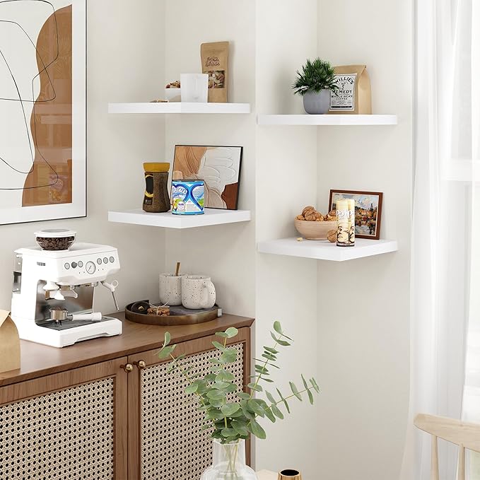 Fun Memories Floating Shelves for Wall - 12 Inch Square Shelves with Invisible Brackets, White Small Wall Shelf for Living Room, Bathroom, Bedroom, and Kitchen Decor，Set of 4