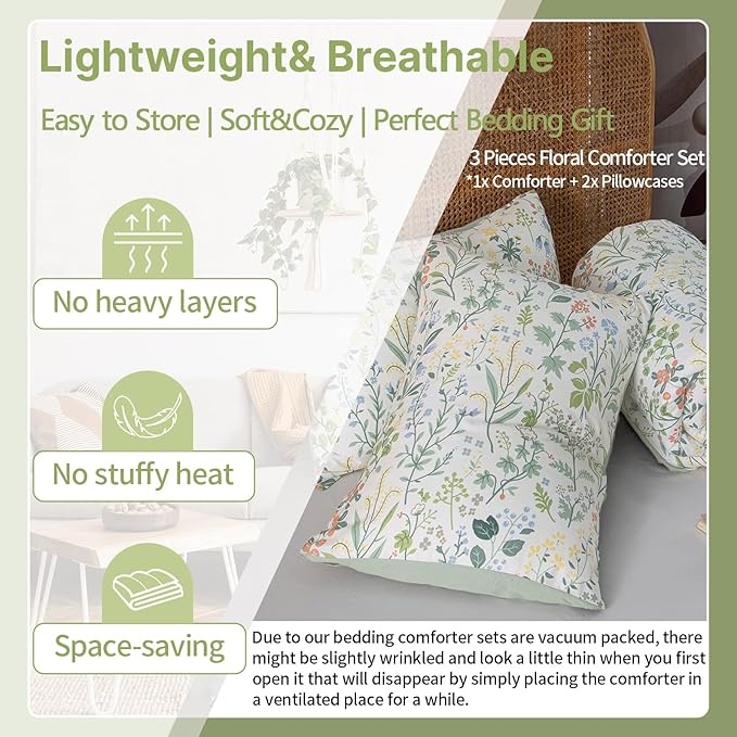 EAVD Vintage Botanical Floral Comforter Set Full Soft Microfiber Cute Colorful Floral Leaves Pattern Bedding Set 1 Full Comforter and 2 Pillowcases Fresh Garden Botanical Comforter Set for All-Season