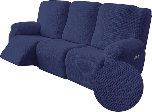 Genina Recliner Sofa Covers - Stretch Reclining Couch Covers with Stripe Jacquard - 3 Seat Cushion Slipcovers with Soft Fabric - Furniture Protector for Pet Kid (Navy Blue)