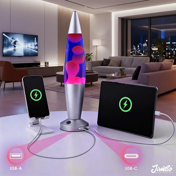 JAMBO Beautiful Liquid Lamp with USB Ports, 16" Motion Light with Blue Liquid Purple Wax, Relaxing Nightlight, Mood Light for Bedroom, Living Room, Office - Adults, Teens, Kids