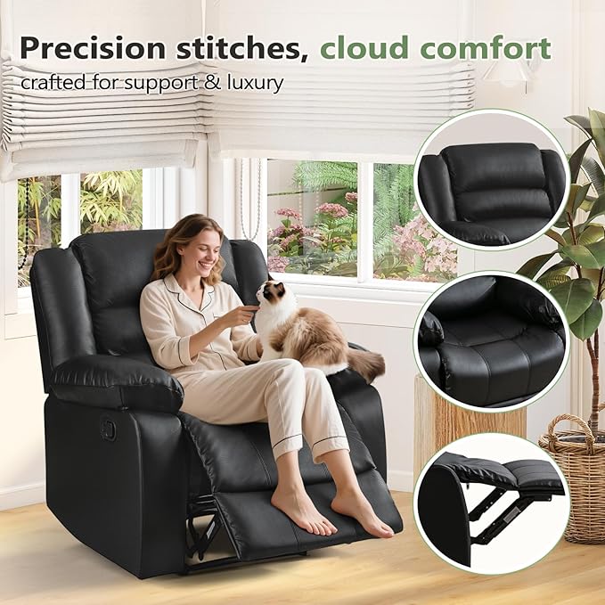 ANJ Black Recliner Chair with Overstuffed Arm and Back, Breathable Faux Leather Manual Reclining Chairs, Living Room Single Sofa Recliners