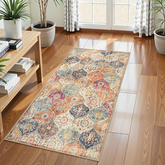Lahome Kitchen Rugs Non Slip Washable Rugs for Entryway, 2x4 Rug Non-Slip Moroccan Trellis Ultra-Thin Indoor Door Mat Small Carpet for Bathroom Bedroom Entry, Cream/Multi