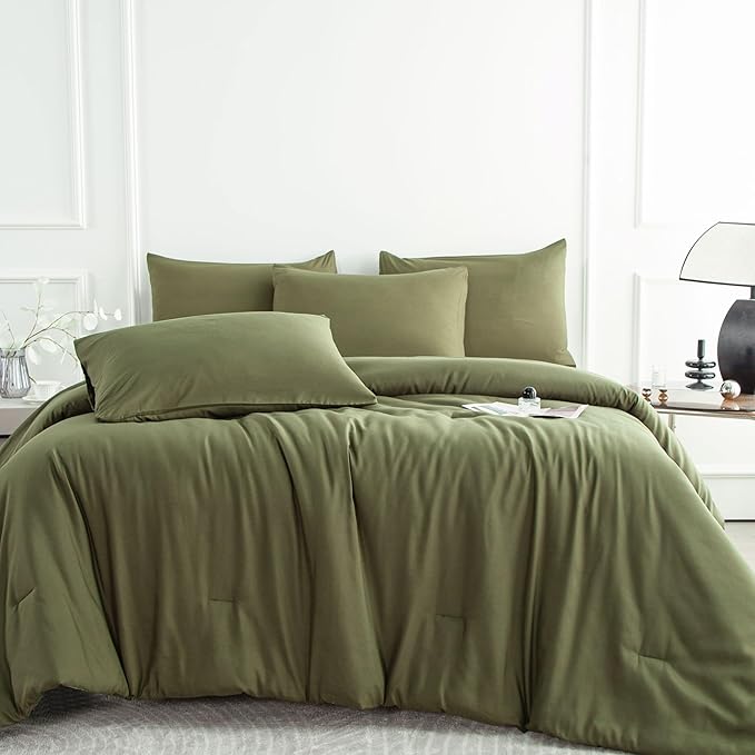 Green Full Comforter Set - 3 Pieces Army Green Bedding Comforter Set - Soft, Lightweight, Warm & Fluffy - 1 Comforter, 2 Pillowcases