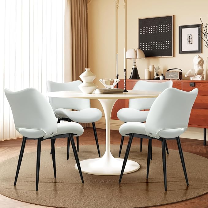 Modern Upholstered Dining Chairs Set of 2 Accent Dinner Chair with Pu Faux Leather and Middle Curved Back for Kitchen Living Room Bedroom (White)